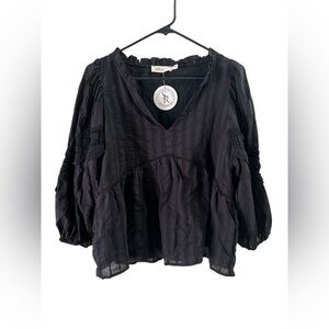 Black long sleeve v neck balloon sleeve blouse